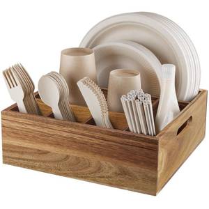 lot 44075 image: ALELION Acacia Wood Utensil Holder for Party - Paper Plate Organizer for Countertop - Silverware Caddy with 6 Compartments for Plate, Cup, Fork, Spoon - Cutlery Holder for Kitchen Camping Buffet - Retail $33