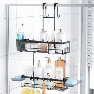 lot 44090 image: Aitatty Over the Door Shower Caddy Hanging Black Rustproof Shower Organizer over the Door - No Drilling Bathroom Rack for Inside - Retail $25