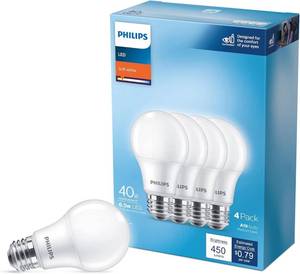lot 44106 image: PHILIPS LED 40W A19 4-Pack Basic Soft White (2700K) 450 Lumen (6.5W  40W) Frosted Flicker-Free Light Bulbs - Retail $5