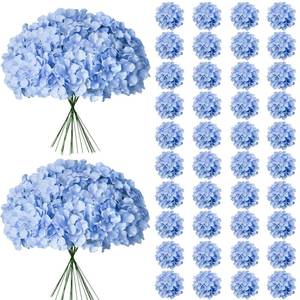 lot 44111 image: Cherica 65Pcs Blue Hydrangea Artificial Flowers Bulk Realistic Silk Fake Flowers with Stems Faux Hydrangea Flowers for Wedding Home Decor Centerpieces Living Room Garden Party Baby Shower Decoration - Retail $40