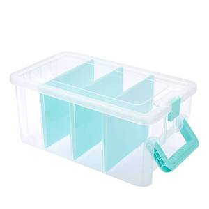 lot 44119 image: BTSKY Clear Plastic Dividing Storage Box with 4 Deep Compartments Adjustable Storage Bin with Lid Portable Craft Storage Container Multipurpose Sewing Box Art Supply Organizer, 13.9x7.9x6.2 Inches - Retail $24