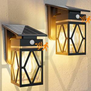 lot 44121 image: Cybrasc 2 Pack Solar Porch Lights Outdoor, Dusk to Dawn & Motion Sensor Solar Wall Light with Lantern Shape, 3 Modes IP65 Waterproof, E26 Bulb Exterior Sconce for Front Porch, Garage, Patio Security - Retail $60