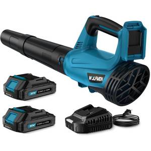 lot 48892 image: Leaf Blower, Electric Cordless Leaf Blower with 2 Batteries and Charger, 2 Speed Mode, Lightweight Leaf Blowers for Blowing Leaves, Lawn Care, Patio Cleaning and Dust - Retail $70