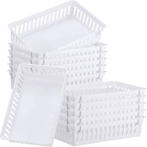 lot 48897 image: Wenqik Set of 11 Small Plastic Baskets for Organizing 10.24 x 6.5 x 2.36 Inch Pharmacy Baskets Rectangular Trays Plastic Organizer for Office Pharmacy Dorm Kitchens, Closets Shelves(White) - Retail $30