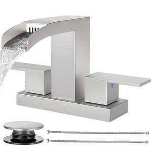 lot 48932 image: Cobbe Waterfall Bathroom Faucets 3 Hole, Brushed Nickel Bathroom Sink Faucet Square 4 Inch Centerset with Pop-Up Drain, 2 Handle and 2 Supply Hoses, Lead-Free Stainless Steel for Vanity Sink Rv - Retail $50