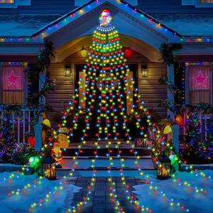 lot 48943 image: Christmas Waterfall Outdoor String Lights, Christmas Tree Lights with Topper 335 LED 11.48ft 9 Strands, 8 Lighting Modes Holiday New Year Decoration Lights for Wedding Yard Party Home Indoor Decor - Retail $18