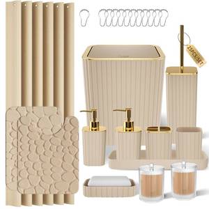 lot 61728 image: XLHOMO Bathroom Accessories Set - 25PC Bathroom Sets with Shower Curtain and Rugs, Beige Bathroom Accessories with Trash Can, Soap Dispenser, Soap Dish & Toilet Brush - Retail $60