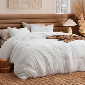 lot 61735 image: Bedsure King Comforter Set, White Soft Prewashed Bedding for All Seasons, 3 Pieces GentleSoft Bed Set, 1 Lightweight Comforter (104x90) and 2 Pillowcases (20x36) - Retail $35