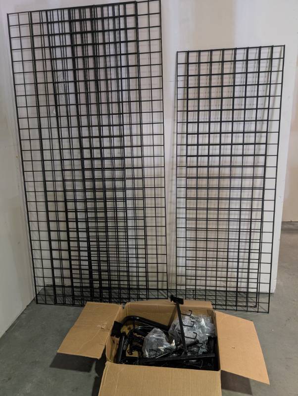 lot 66494 image: Lot of 6 Black Metal Grid Wall Display Panel with accessories (2 are 2 Wide x 6 Long, 4 are 2 Wide x 7 Long)
