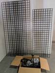 Lot of 6 Black Metal Grid Wall Display Panel with accessories (2 are 2' Wide x 6' Long, 4 are 2' Wide x 7' Long)