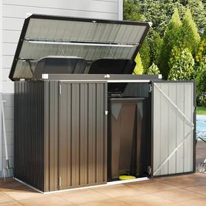 lot 101561 image: Retails for $140 Outdoor Trash Can Storage Shed - Metal Waterproof Outdoor Garbage Can Organizer with Chain Lid, Ideal for Trash Bins, Toys, Garden Tools for GardenBackyardPatio