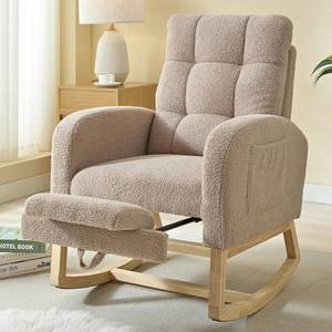 lot 101576 image: Retails for $125 NIOIIKIT Modern Nursery Rocking Chair, Teddy Upholstered Rocking Chair with Footrest, Comfortable Rocker Chair with Side Pocket, Rocker Chair for Living Room, Bedroom, Nursing Room (Brown)