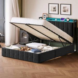 lot 101583 image: Retails for $241 Garvee Queen Size Lift Up Storage Bed with LED Lights, Upholstered Velvet Bed Frame with Storage Headboard & Charging Station, Metal Platform Bed, No Box Spring Needed, Solid Wooden Slats, Black