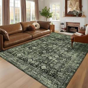 lot 101585 image: Garvee 5x7 Living Room Rugs Machine Washable Area Rugs Vintage Bordered Floor Cover Carpet with Non Slip Backing Non Shedding Low Pile Soft Mats for Bedroom Nursery Office, Green