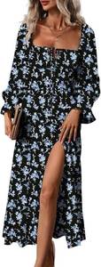 lot 201439 image: BLENCOT Womens Casual Square Neck Long Sleeve Boho Floral Midi Dress Print Side Split Dresses