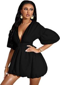 lot 201440 image: WDIRARA Womens Deep V Neck Puff Sleeve High Rise Flare Dress Elastic Waist Dress