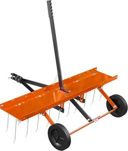 lot 201444 image: Retails for $110 PPOLB 48 Inch Orange Tow-Behind Dethatcher with 24 Spring Steel Tines, Pull Dethatcher for Outdoor Yard Care, Garden Farm Grass Tractor Rake to Remove Thatch, Leaves and Needles from Large Lawn Areas