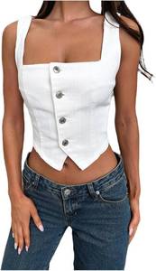 lot 201447 image: Women Y2K Button Down Denim Vest Summer Sleeveless Crop Top Jean Waistcoat Vest Corset Bustier Streetwear