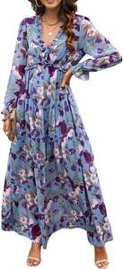 lot 201449 image: Womens V Neck Long Sleeve Floral Print Maxi Dress, Ruffled Smocked Waist Tiered Chiffon Flowy Dress, Dusty Pink