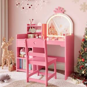 lot 201452 image: Retails for $170 Garvee Kids Vanity with Lights, 2 in 1 Princess Makeup Vanity Desk Toddler Vanity Table & Chair Set with Open Bookshelf, Storage Cabinet & Shelves for Little Girls, Pink