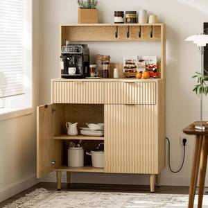 lot 301439 image: LCRBOL Coffee Bar Cabinet with Storage, Modern Sideboard with Drawers, Shelves, Outlet and Fluted-Door for Kitchen, Dinning Room, Living Room, Natural