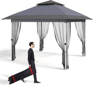 lot 401353 image: Retails for $150 Garvee 11x11 Gazebo Canopy Tent with Curtains, Pop Up Outdoor Shelter with Mosquito Netting for Patio, Backyard Party, 2-Tiered Vented Top, 121 Square Feet of Shade, Gray