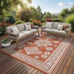 lot 401358 image: Garvee Outdoor Rug 8x10 Feet, Waterproof and UV Resistant Patio Carpet, Heavy Duty All-Weather Reversible Deck Mat for Porch, Backyard, Poolside - Easy to Clean,Terracotta & White