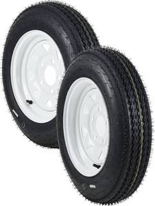 lot 401360 image: Retails for $133 Garvee 2-Pack Trailer Tires On Rim 5.30-12 530-12 530X12, Load Range C, 6PR, 5 Lug 12 In. White Spoke Wheel, 5 On 4.5 Durable Trailer Tire TravelCamperUtilityBoat, Set of 2