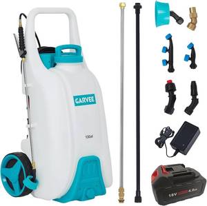 lot 401363 image: Retails for $230 Garvee 13 Gallons Battery Powered Sprayer with Wheeled Cart, 18V 4Ah Electric Sprayer with 6 Nozzles & 2 Wands, 4-6 Hour Runtime, 80PSI Adjustable Pressure, Trigger Lock, Yard Sprayers for Lawn