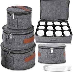 lot 401365 image: Garvee 5 Pcs China Storage Containers, Mug Storage Box & Dish Plate Dinnerware Containers for Cups Bowls, Soft Felt China Case for Moving & Protection, Grey