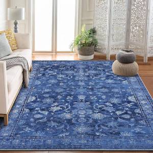 lot 401369 image: Area Rug 5x7 Vintage Flower Ideal for Living Room Bedroom Office Dining Sp Non-Shedding Easy Cleaning Washable Carpet Blue