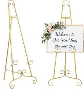 lot 401370 image: Garvee Gold Easel Stand for Sign, Adjustable Wedding Welcome Sign Stand with Chain Support, Heavy Duty Metal Floor Easels for Displaying Pictures Posters