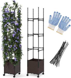 lot 401372 image: HAPPYGRILL 87 Raised Garden Bed wTrellis, Self-Watering Planter Box w 3 Adjustable Heights, Lockable Wheels for Climbing Plants Flowers Vine, Indoor Outdoor Vertical Tomato Cage for Garden (1)