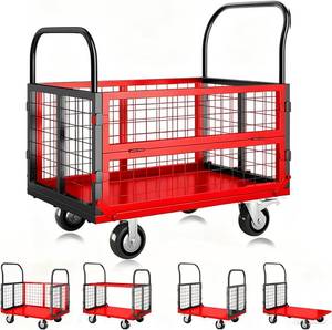 lot 401376 image: Retails for $146 6 in 1 Foldable Platform Truck Cart with Cage, 1800Lbs Capacity Heavy Duty Push Cart Dolly, Moving Flatbed Hand Truck Dolly Cart Multipurpose for Grocery, Laundry, Garage, Warehouse, Black and Red