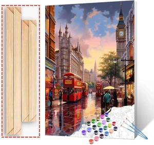 lot 271288 image: London Street Landscape Paint by Numbers Kits 16x20 inch Canvas DIY Oil Painting for Kids, Students, Adults Beginner with Brushes and Acrylic Pigment - Bus Town Bell Scenery Photo Gift(DIY Frame)