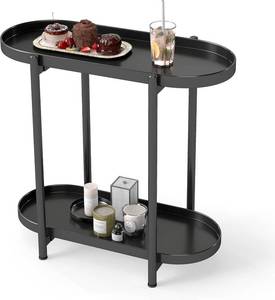 lot 111581 image: DDK 2-Tier Oval Side Table, 22.5 Narrow Black Metal End Table with Storage Shelf, Modern Accent Table for Living Room Bedroom Hallway Small Spaces