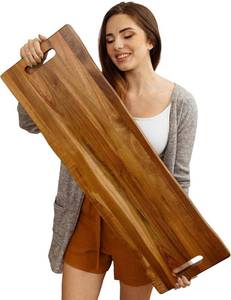 lot 111583 image: Large Acacia Serving Board with Handles, 36 x 12 Inch Rectangular Charcuterie Platter, Natural Wood Server for Meat, Cheese Board, and Party Appetizers, Extra Long 3ft, Light
