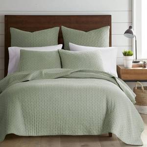 lot 111585 image: Retails for $133 Levtex Home Cross Stitch Reversible FullQueen Quilt Set (88x92in) and 2 Pillow Shams (26x20in) - Stitch Texture - Desert Sage - Cotton FullQueen Size Quilt Bedding Set - Lightweight Soft Pre-Washed