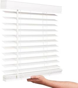 lot 111593 image: LOTUS & WINDOWARE Cordless Faux Wood Blinds, 36 Wide x 60 Long, Smooth, Snow White, 2 Inch Horizontal Blinds   for Living Room, Bedroom, Interior Door Windows