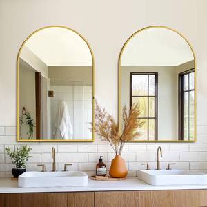 lot 111622 image: Retails for $130 FICTOR Bathroom Vanity Mirror for Wall,2 Pack 24 x36  Arched Metal Framed Bathroom Mirror for Over Sink, Entryway, Living Room,Bedroom(Gold)