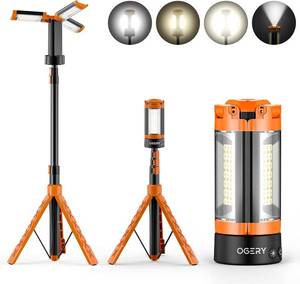 lot 211418 image: OGERY Rechargeable 10000mAh Camping Light with Stand 6.5 ft Max Height, Cordless Work Light with 3 LED Lamp Heads, 2200 Lumens Camping Essentials Gear Emergency Flashlight with Detachable Tripod