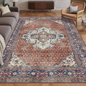 lot 211432 image: Washable Area Rug 8 x 10 Vintage Traditional Persian Mat - Foldable Distressed Non-Slip Machine Washable Carpet for Living Room Bedroom Kitchen Home Decor - Terracotta and Navy