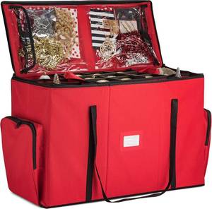 lot 211442 image: ZOBER All in One Christmas Ornament Storage Box & Decoration Container - Easy Access Removable Trays, Keeps 73 Ornaments - Adjustable Extent Area for Figurines and Pockets for Decoration - Red