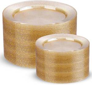 lot 311331 image: 200 Pcs Gold Glitter Plastic Plates - Disposable Party Plates, Gold Glitter Disposable Plate Include 100 Dinner Plate and 100 Dessert Plate, Plastic Plate for Party, Holiday, Wedding & Birthday