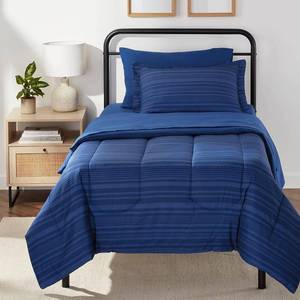 lot 311333 image: Amazon Basics TwinTwin XL Comforter Set with Sheets, 5-Piece Blue Calvin Striped Bedding, Lightweight Microfiber Bed-in-a-Bag