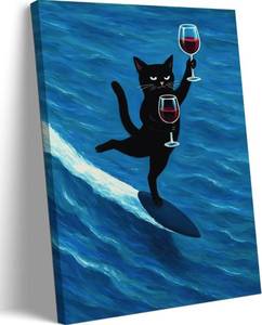 lot 311365 image: Funny Black Cat Canvas Wall Art Blue Modern Abstract Animal Print Poster Artwork Cute Cat Surfing with Wine Glass Painting Picture Wall Decor for Bathroom Bar Living Room Home Decoration 16x24in