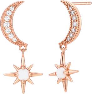 lot 311378 image: 925 Sterling Silver Cubic Zirconia Dangle Crescent Moon and Star Opal Drop Earrings