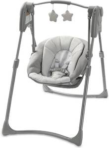 lot 411283 image: Graco Slim Spaces Compact Baby Swing, Space Saving Portable Bay Swing with Height Adjustable Legs & Soft Toys, Reign