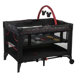 lot 411301 image: Disney Baby 3D Ultra Play Yard with Bassinet, Toy Bar & Carry Bag   Modern Mickey   Portable Baby Playpen & Travel Crib