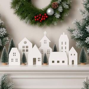 lot 411311 image: Colingmill 14 Pcs White Christmas Village Sets Wooden Houses Blocks Mini Pine Trees Christmas Town Village Decor for Winter Holiday Tiered Tray Fireplace Mantel Window Table Centerpieces